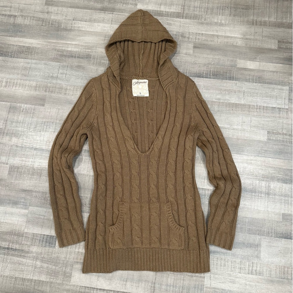 Y2K Aeropostale Cable Knit Hooded Sweater Brown Pullover V NECK LARGE EUC